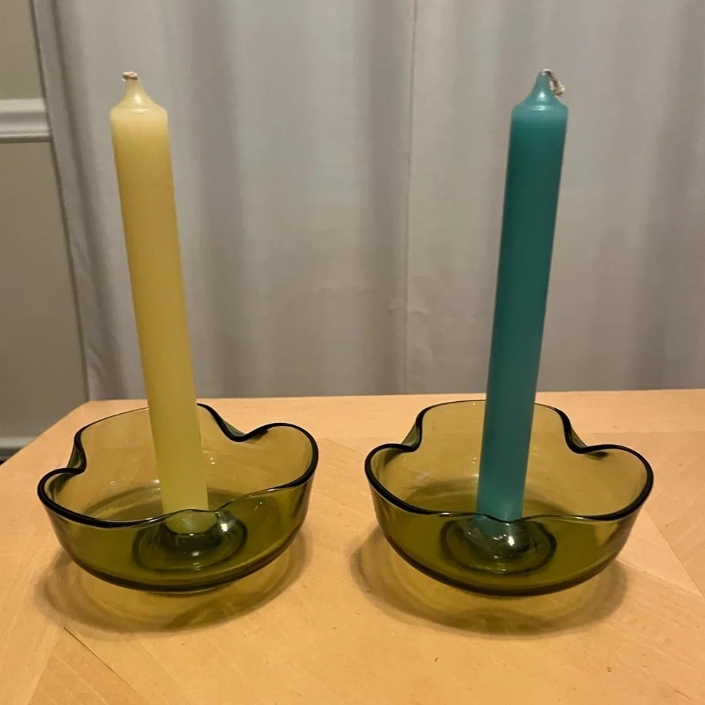 Vintage Anchor Hocking Avocado Candlestick Bowls Set of Two